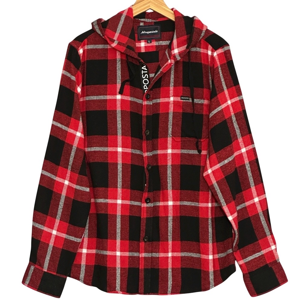 Aeropostale Mens Shirt L Red Black Plaid Flannel Hooded Retro Y2K Street Skate
